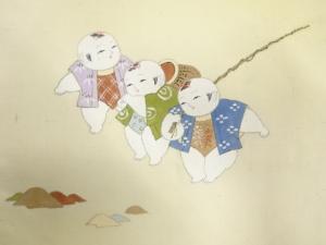 アンティーク　作家物　手織り紬　手描き　御所人形模様開き名古屋帯（額縁仕立て）